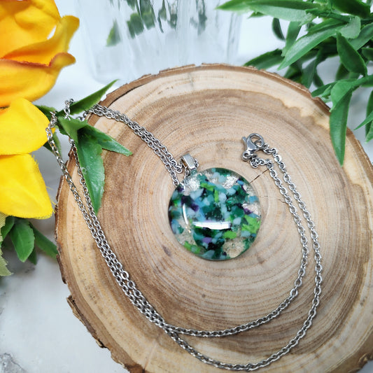 Jungle River Large Circle Pendant Fused Glass Silver Necklace