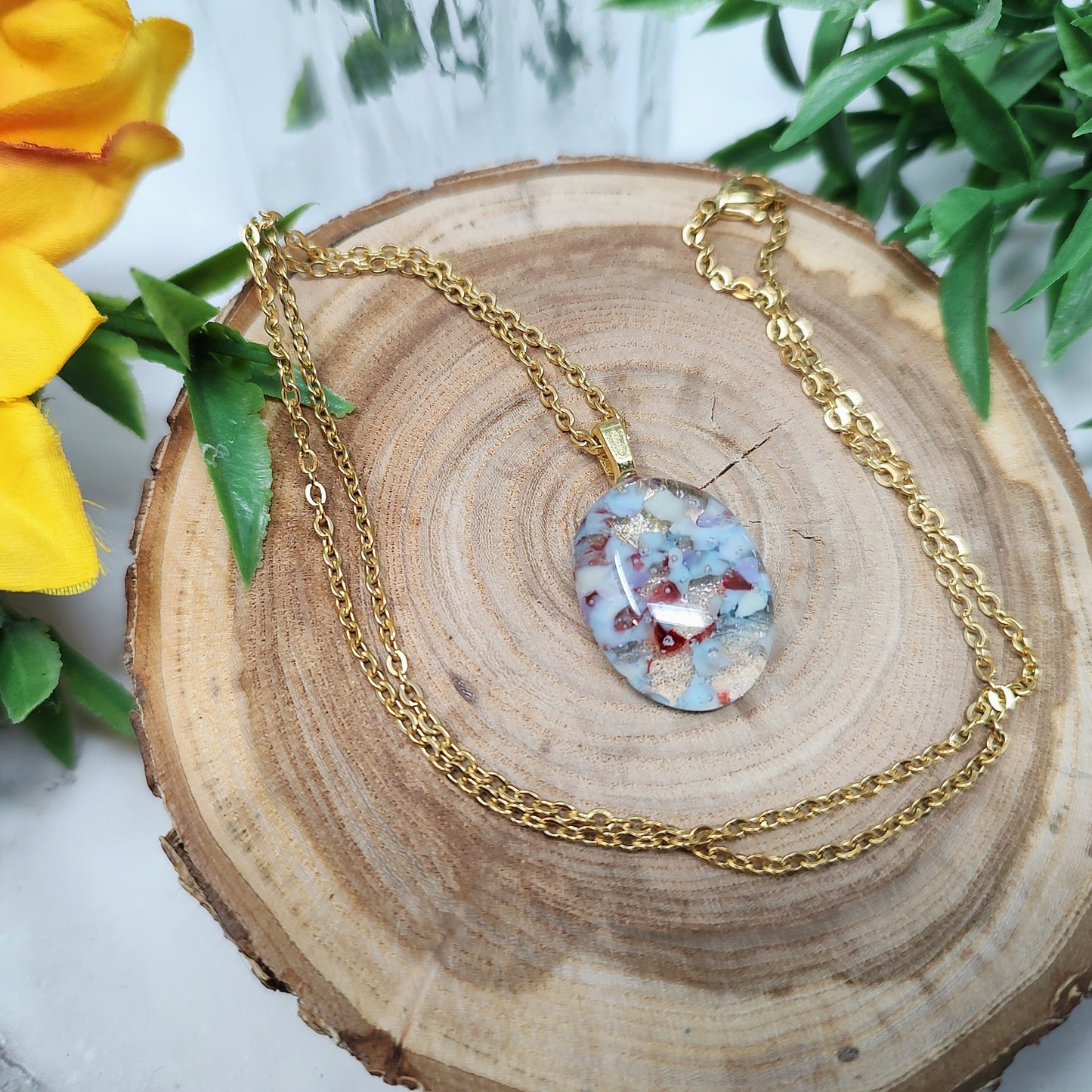 Prairie Sky Oval Fused Glass Gold Necklace