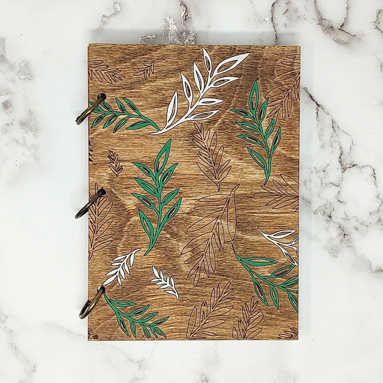 *3 Hole Punch* Green and White Leaves A5 Wooden Notebook