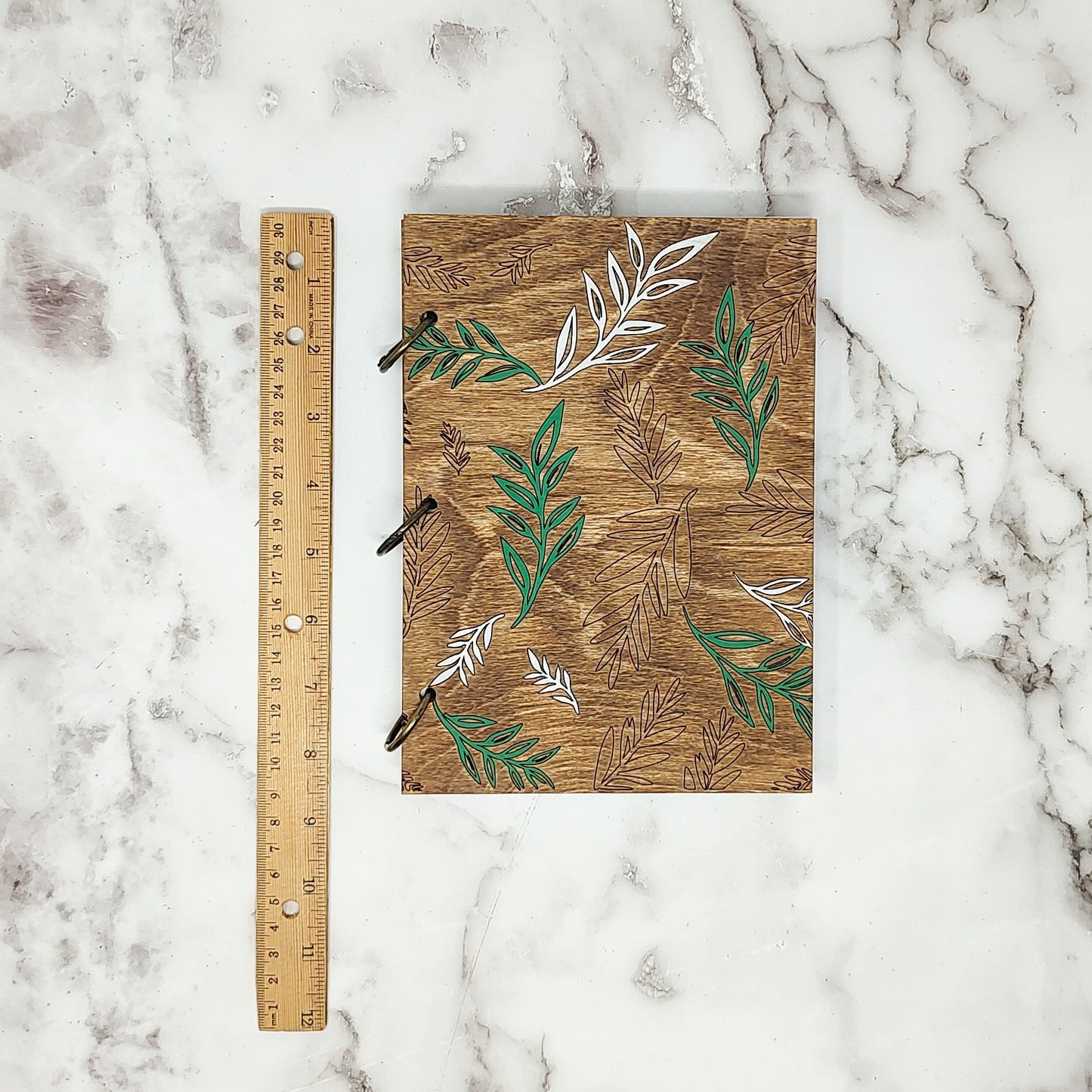 *3 Hole Punch* Green and White Leaves A5 Wooden Notebook