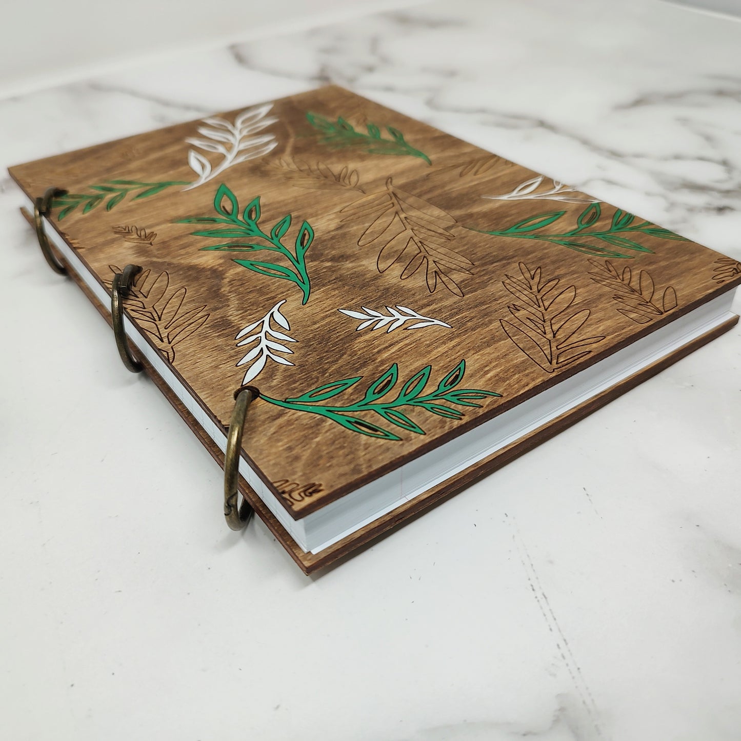 *3 Hole Punch* Green and White Leaves A5 Wooden Notebook