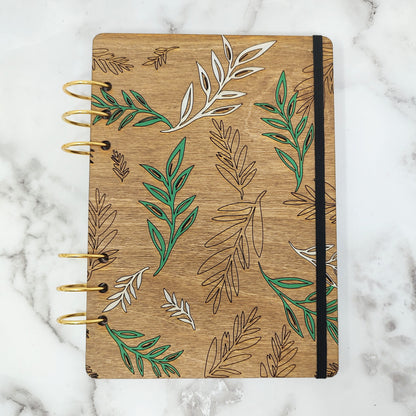A5 Size - White and Green Leaves Wooden Notebook