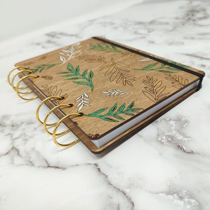 A5 Size - White and Green Leaves Wooden Notebook