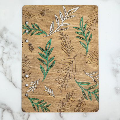 A5 Size - White and Green Leaves Wooden Notebook