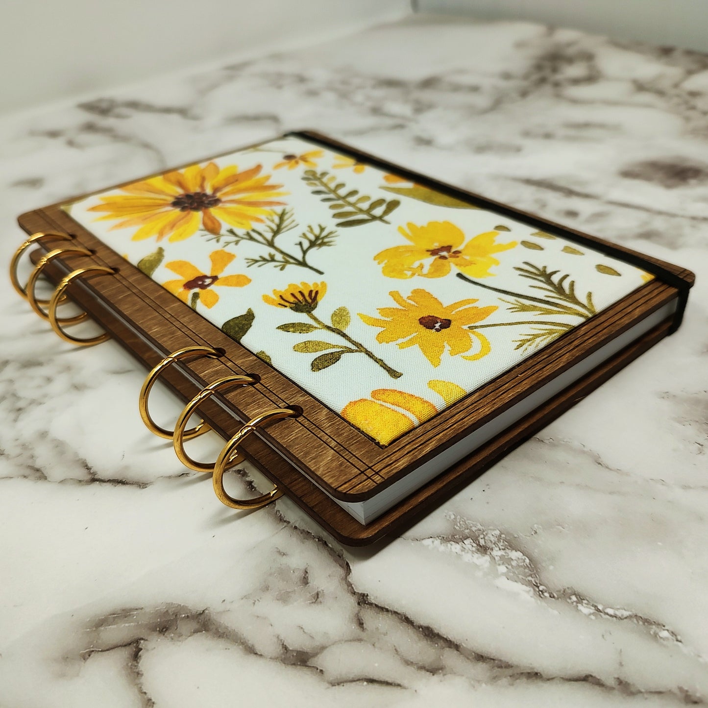 A5 Size - Yellow Flowers Fabric Covered Wooden Notebook