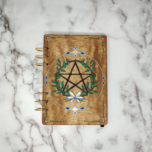 A5 Size -  Pentagram with Wreath Wooden Notebook