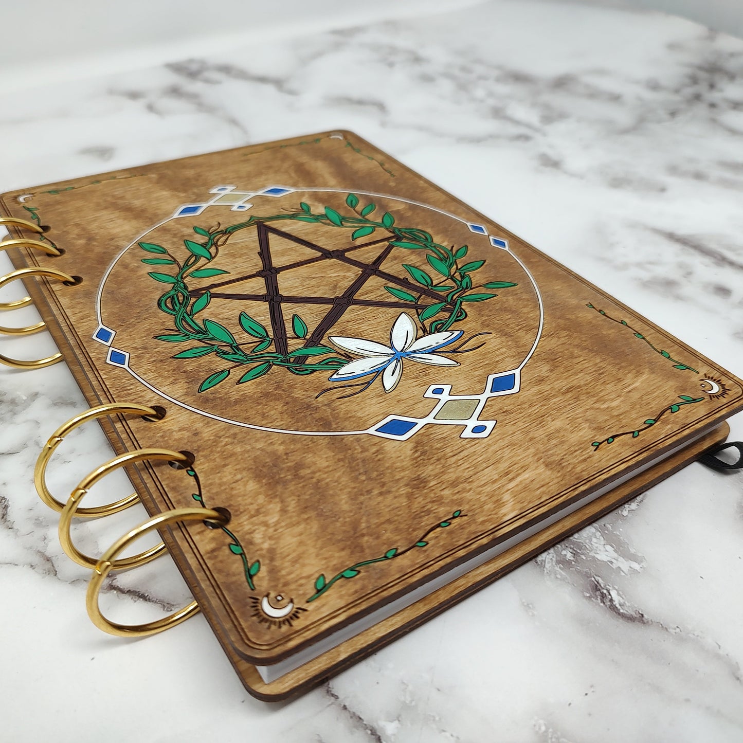 A5 Size -  Pentagram with Wreath Wooden Notebook