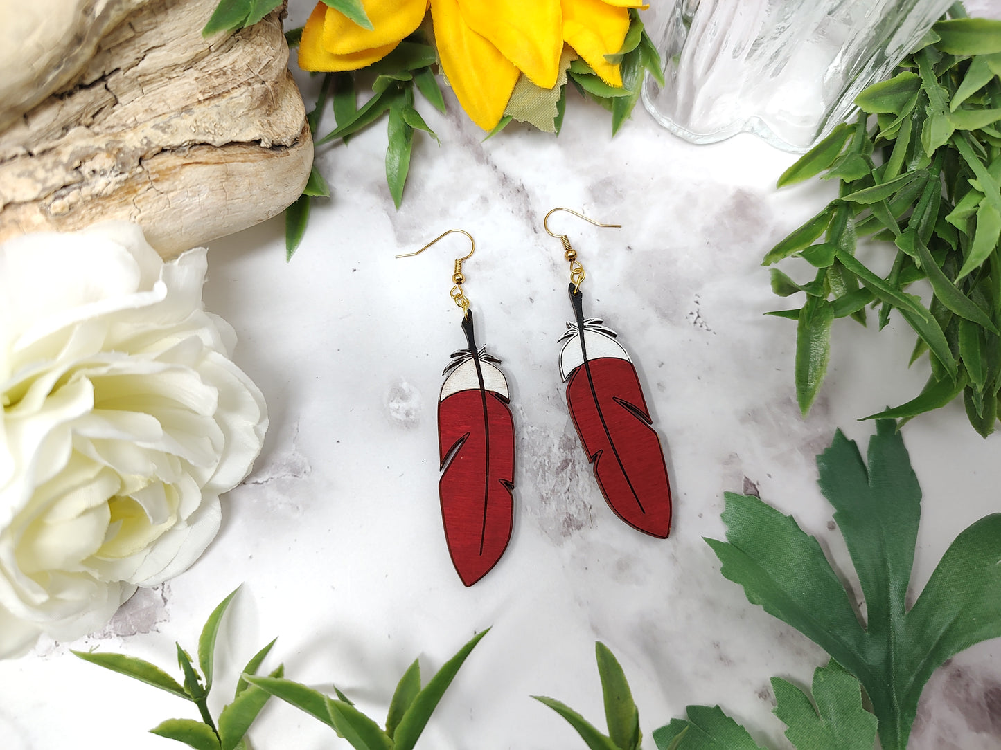 Cardinal Feather Wooden Earrings