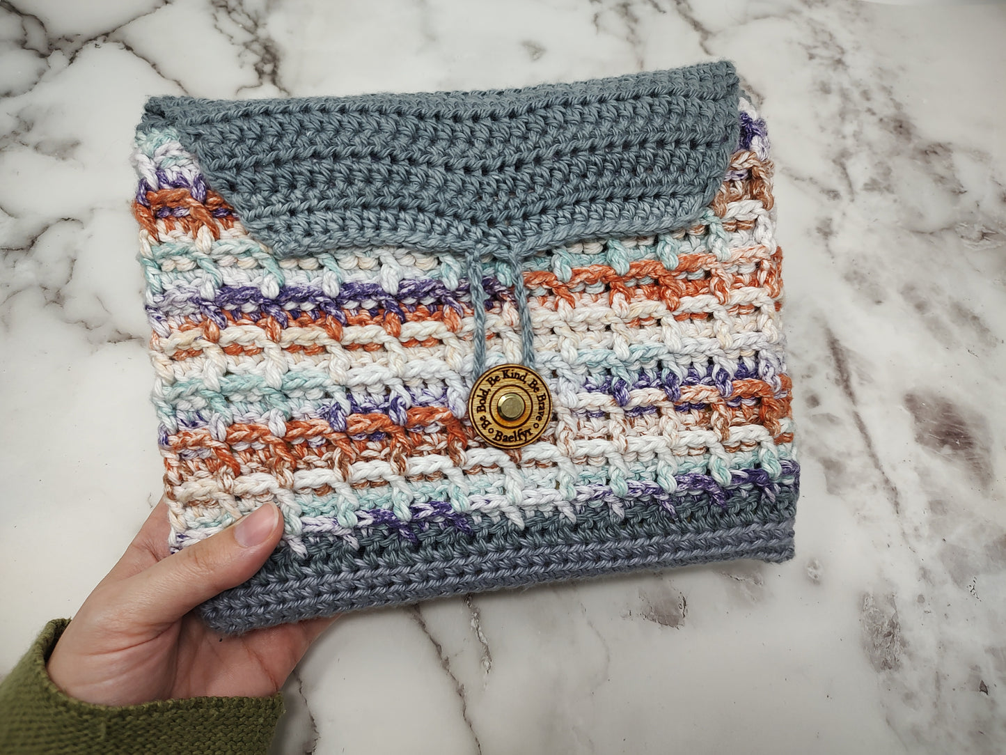 Horizontal Variegated Grey Waffle Stitch Crochet Book Sleeve