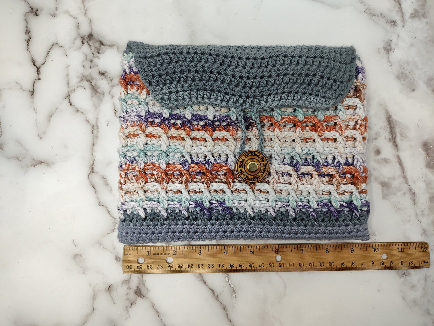 Horizontal Variegated Grey Waffle Stitch Crochet Book Sleeve