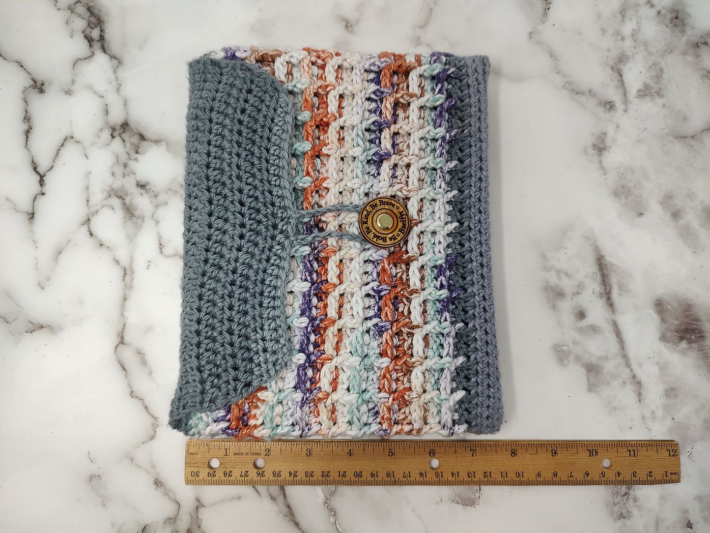 Horizontal Variegated Grey Waffle Stitch Crochet Book Sleeve