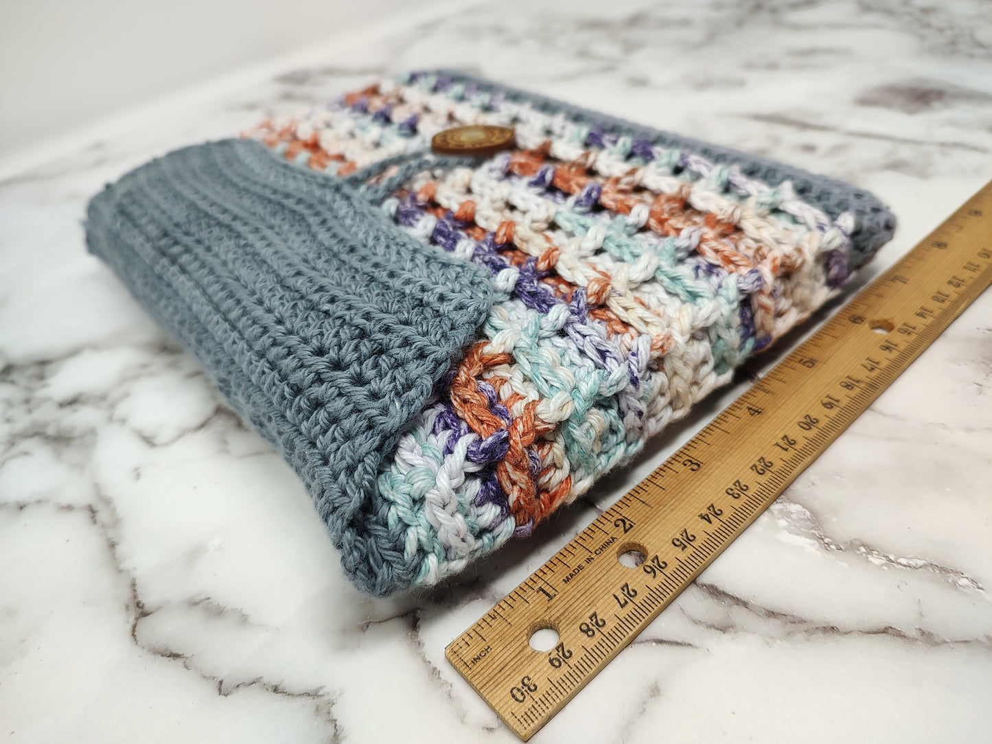 Horizontal Variegated Grey Waffle Stitch Crochet Book Sleeve