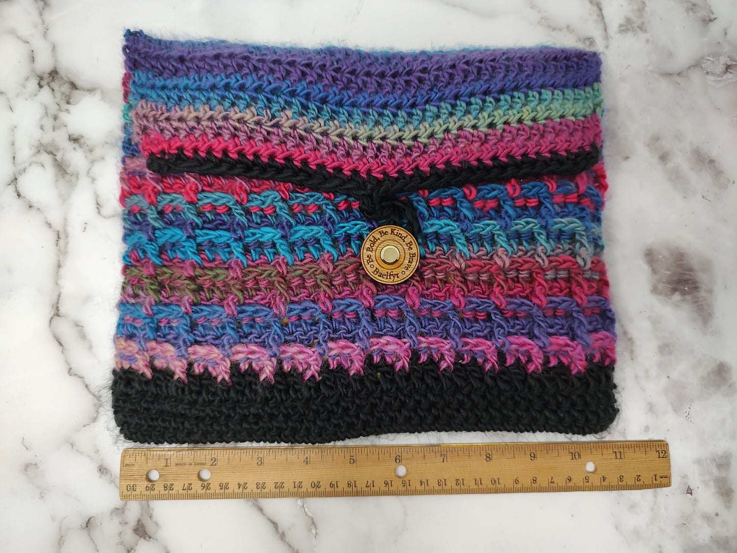 Horizontal Variegated & Black Waffle Stitch Crochet Book Sleeve