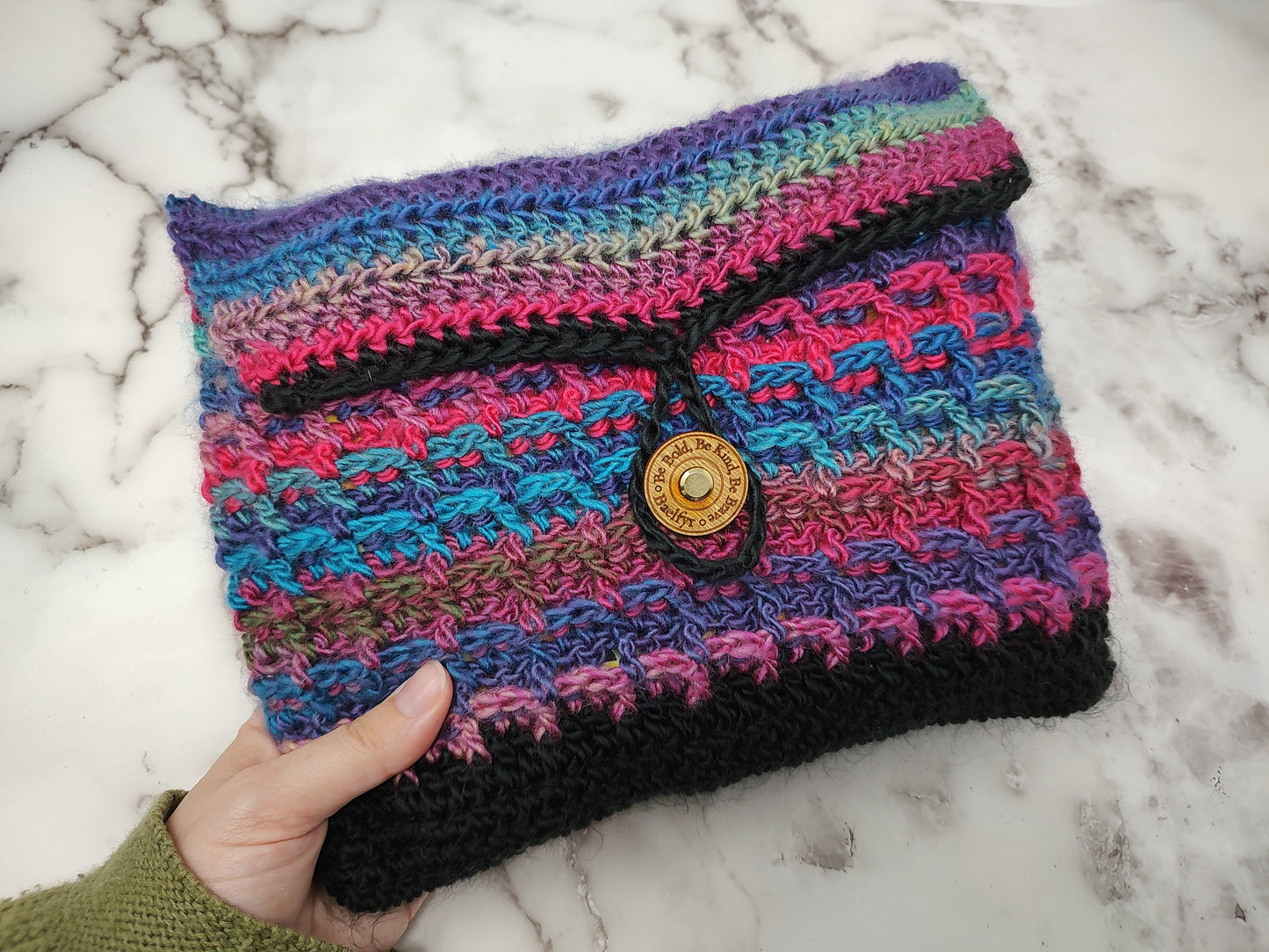 Horizontal Variegated & Black Waffle Stitch Crochet Book Sleeve