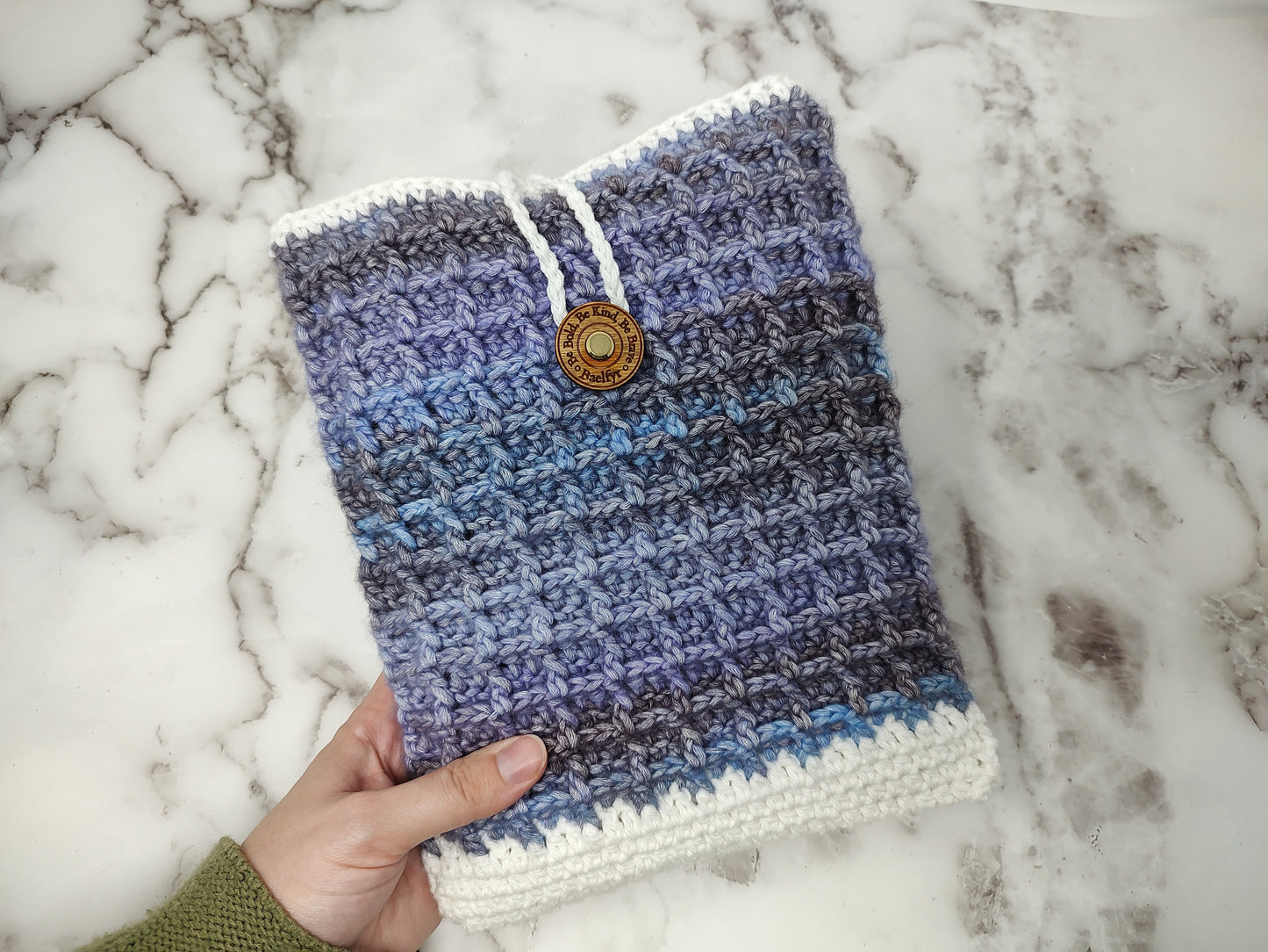 Vertical Purple and White Waffle Stitch Crochet Book Sleeve