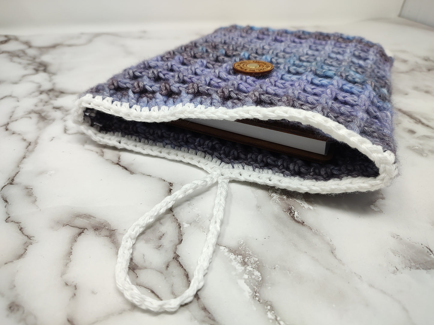 Vertical Purple and White Waffle Stitch Crochet Book Sleeve