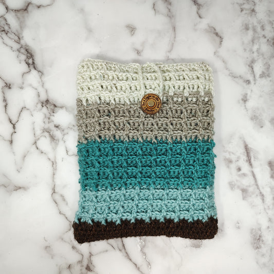 Vertical Brown and Blue Waffle Stitch Crochet Book Sleeve