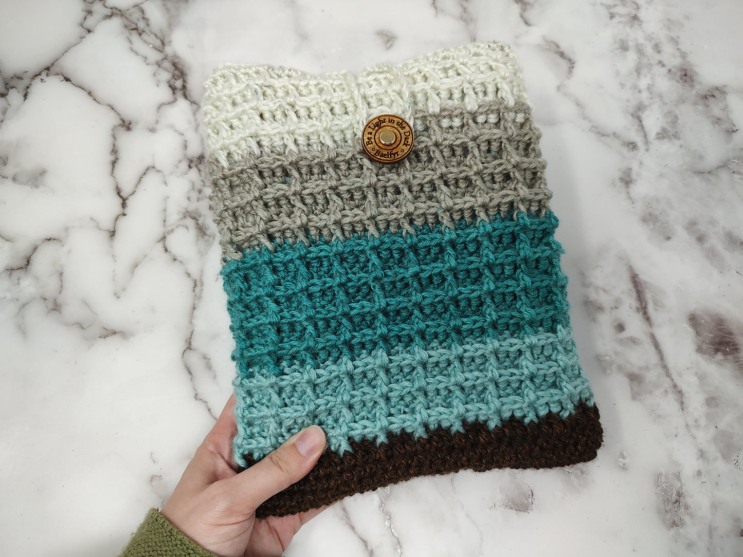 Vertical Brown and Blue Waffle Stitch Crochet Book Sleeve