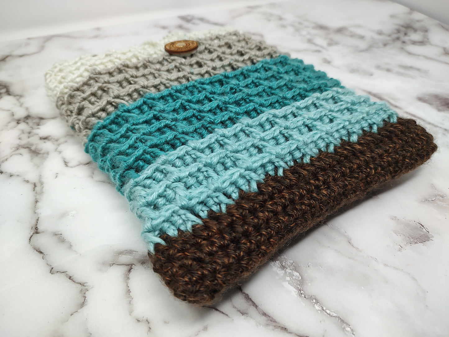 Vertical Brown and Blue Waffle Stitch Crochet Book Sleeve