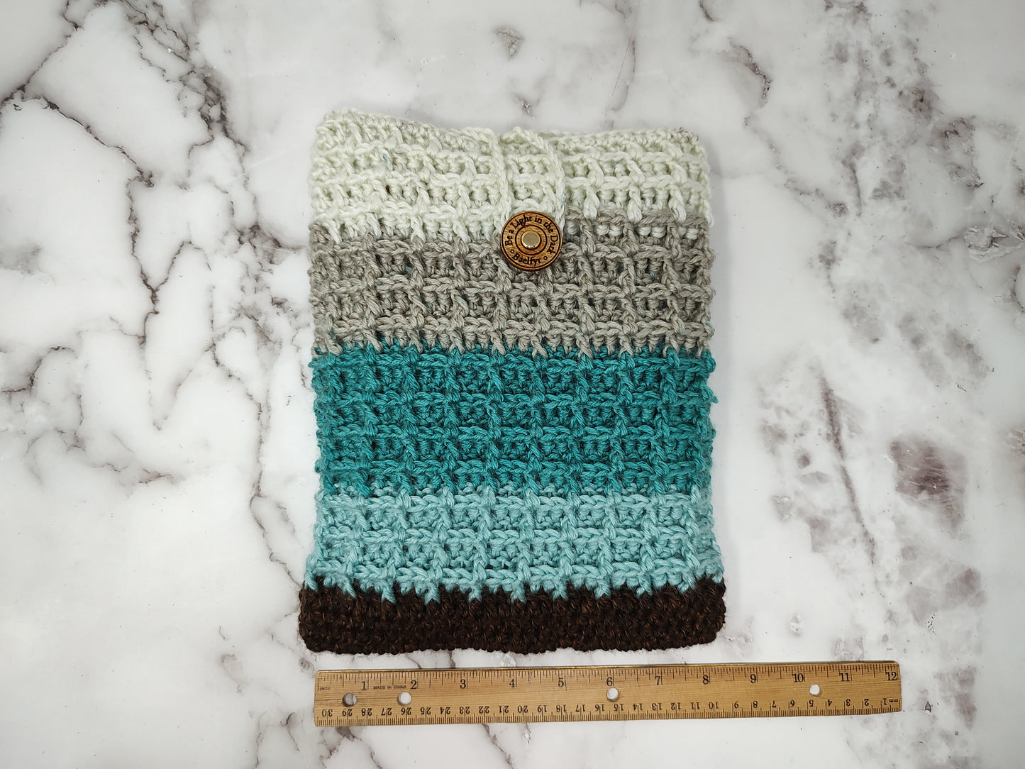 Vertical Brown and Blue Waffle Stitch Crochet Book Sleeve
