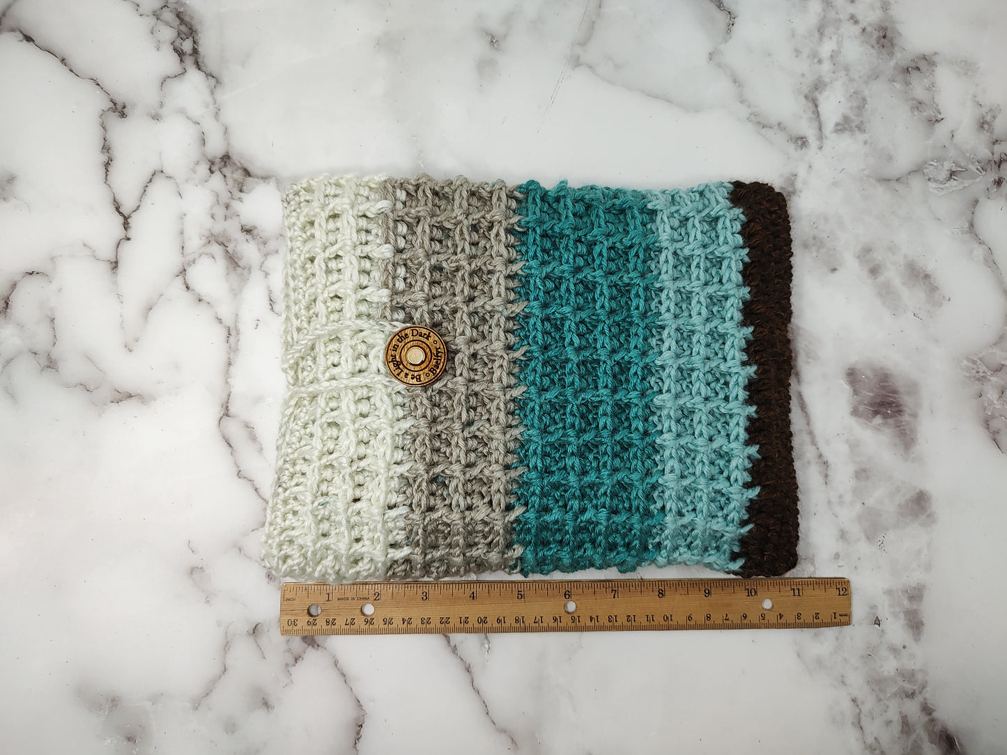 Vertical Brown and Blue Waffle Stitch Crochet Book Sleeve