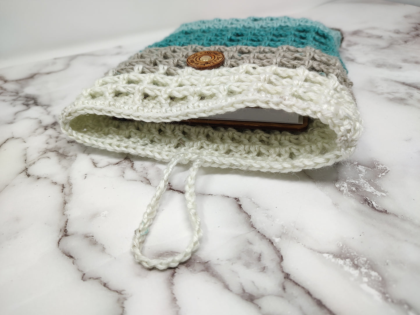 Vertical Brown and Blue Waffle Stitch Crochet Book Sleeve