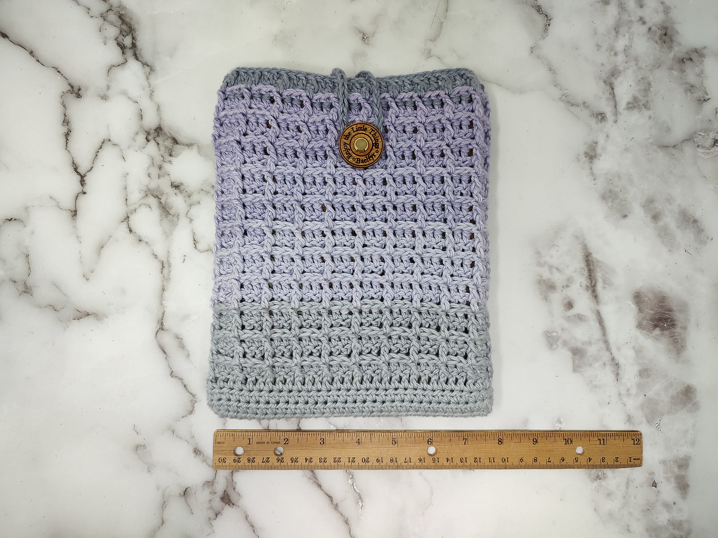 Vertical Purple to Gray Ombre Waffle Stitch Crochet Book Sleeve