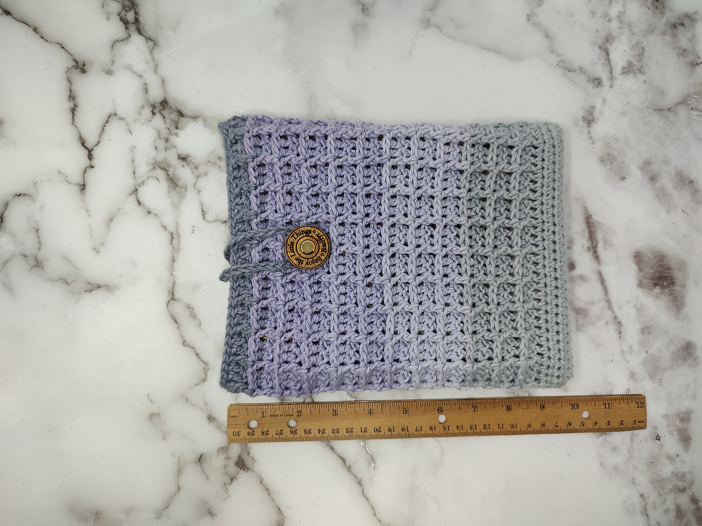 Vertical Purple to Gray Ombre Waffle Stitch Crochet Book Sleeve