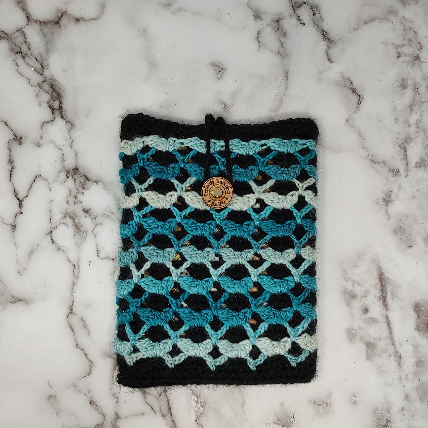 Vertical Blue and Black Shell Stitch Crochet Book Sleeve