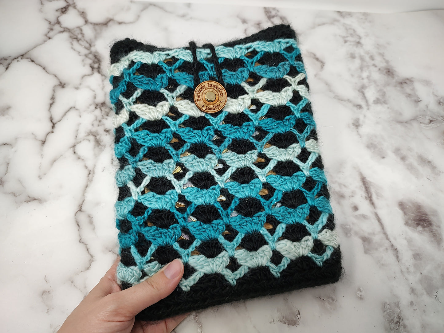 Vertical Blue and Black Shell Stitch Crochet Book Sleeve