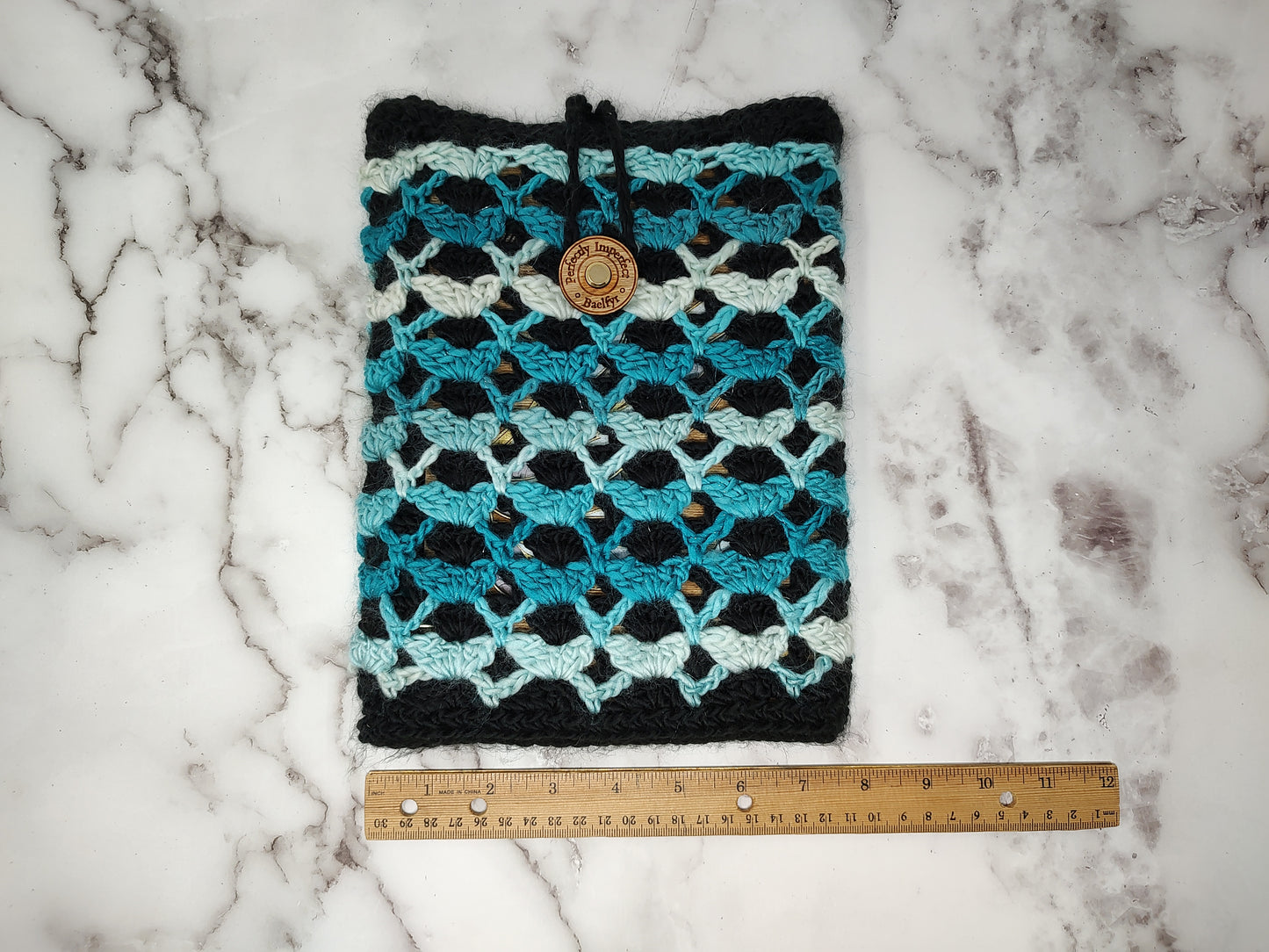 Vertical Blue and Black Shell Stitch Crochet Book Sleeve