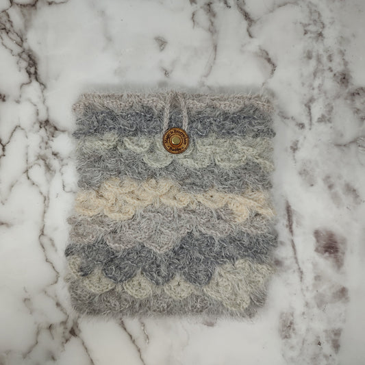 Vertical Variegated fuzzy Gray Crocodile Stitch Crochet Book Sleeve