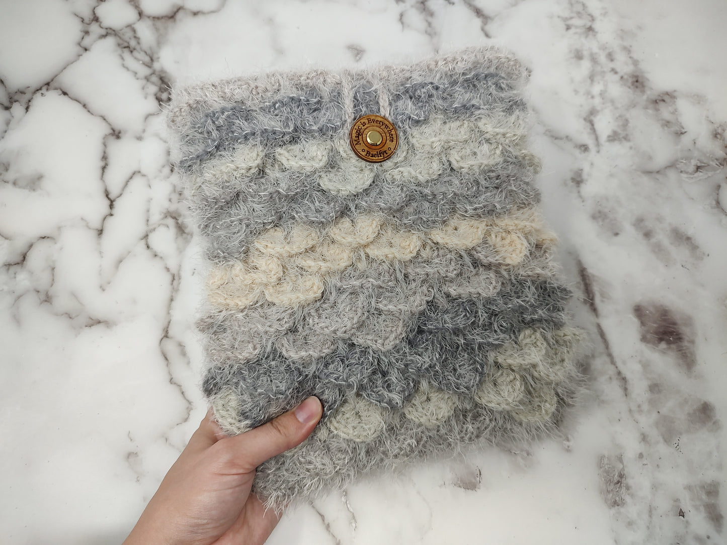 Vertical Variegated fuzzy Gray Crocodile Stitch Crochet Book Sleeve
