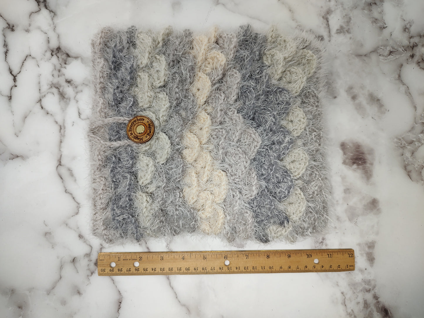 Vertical Variegated fuzzy Gray Crocodile Stitch Crochet Book Sleeve