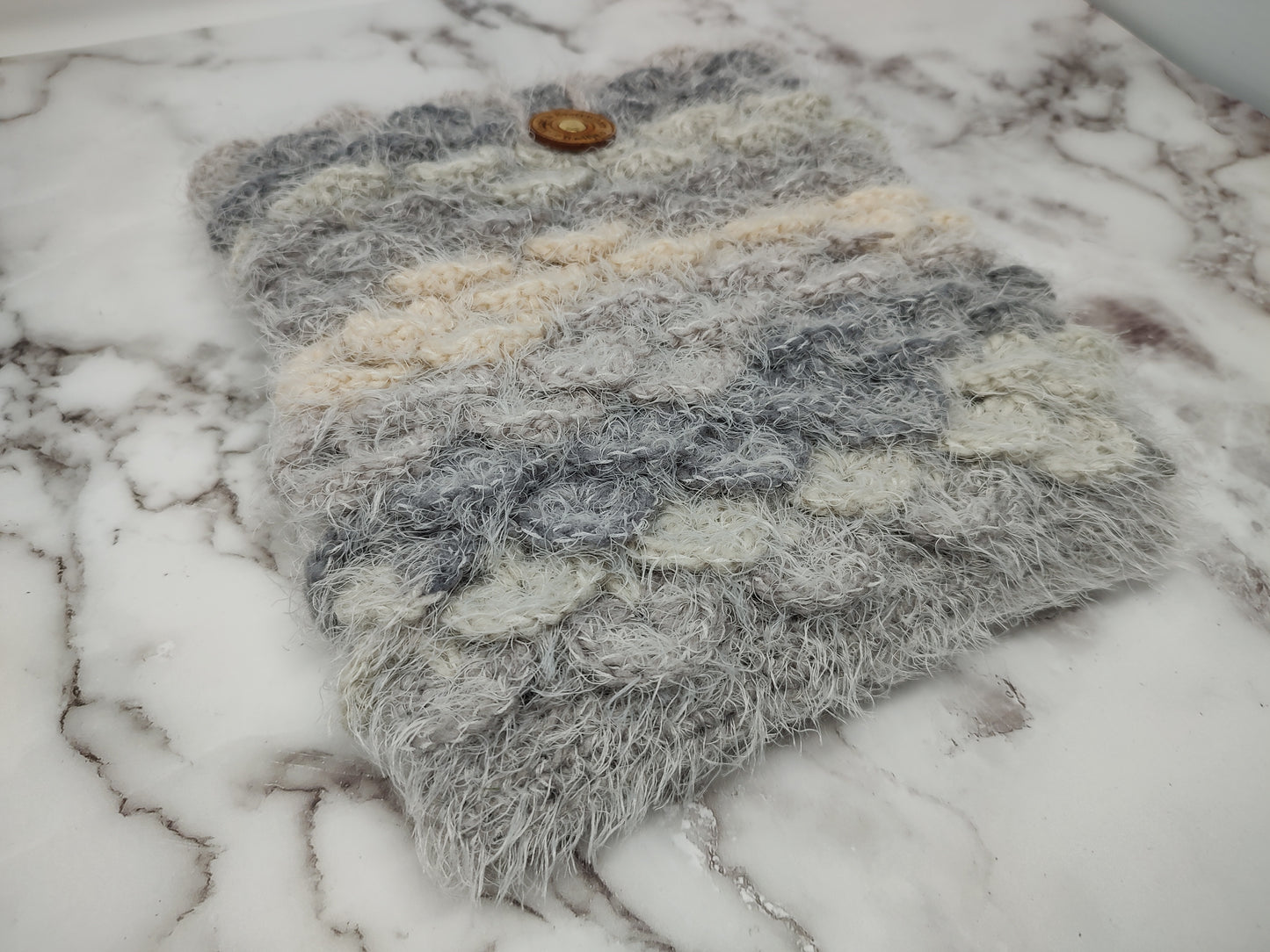 Vertical Variegated fuzzy Gray Crocodile Stitch Crochet Book Sleeve