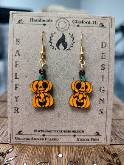 Stacked Jack O'Lantern Wooden Halloween Earrings