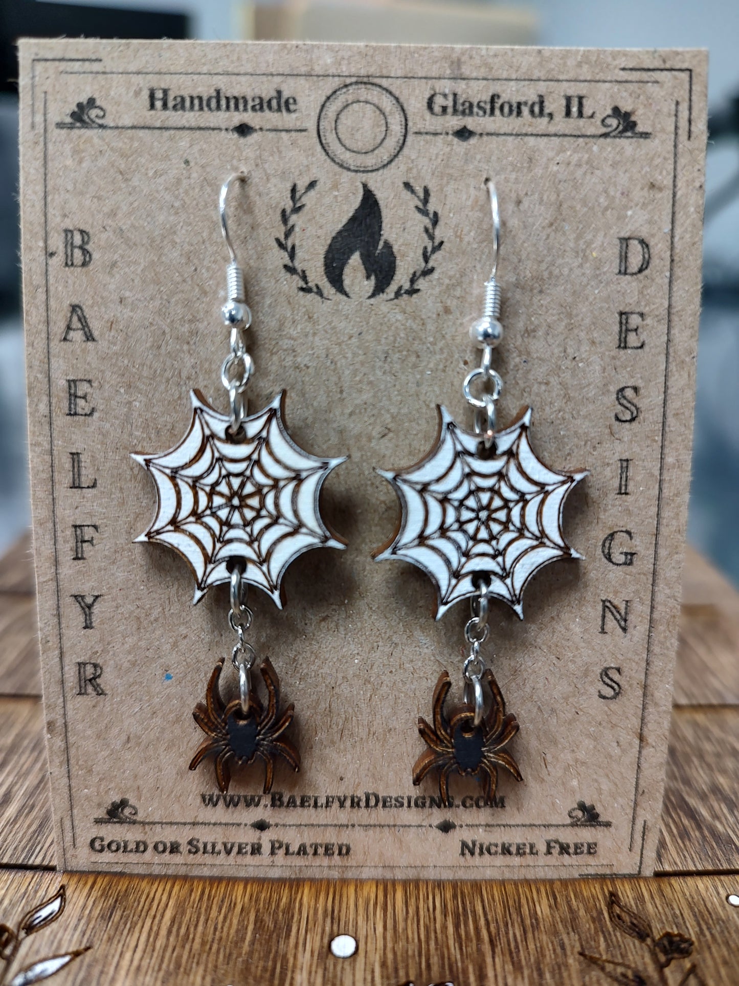 Spider web and Dangling Spider Wooden Halloween Earrings