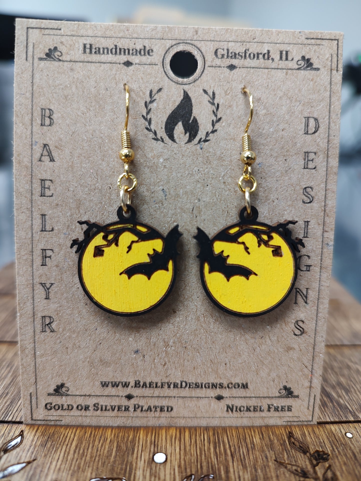 Bat & Moon Wooden Halloween Earrings