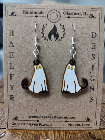 Ghost Cat Wooden Halloween Earrings