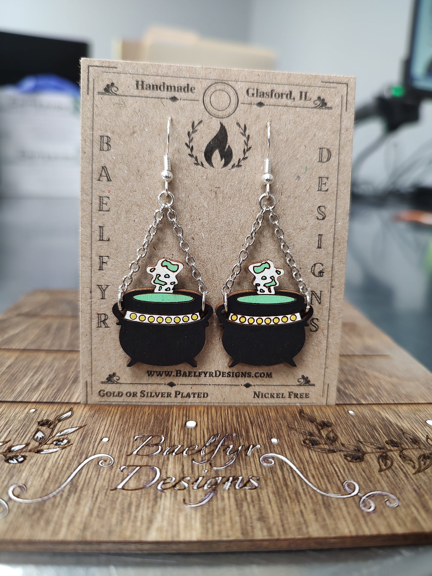 Bubbling Cauldron Wooden Halloween Earrings