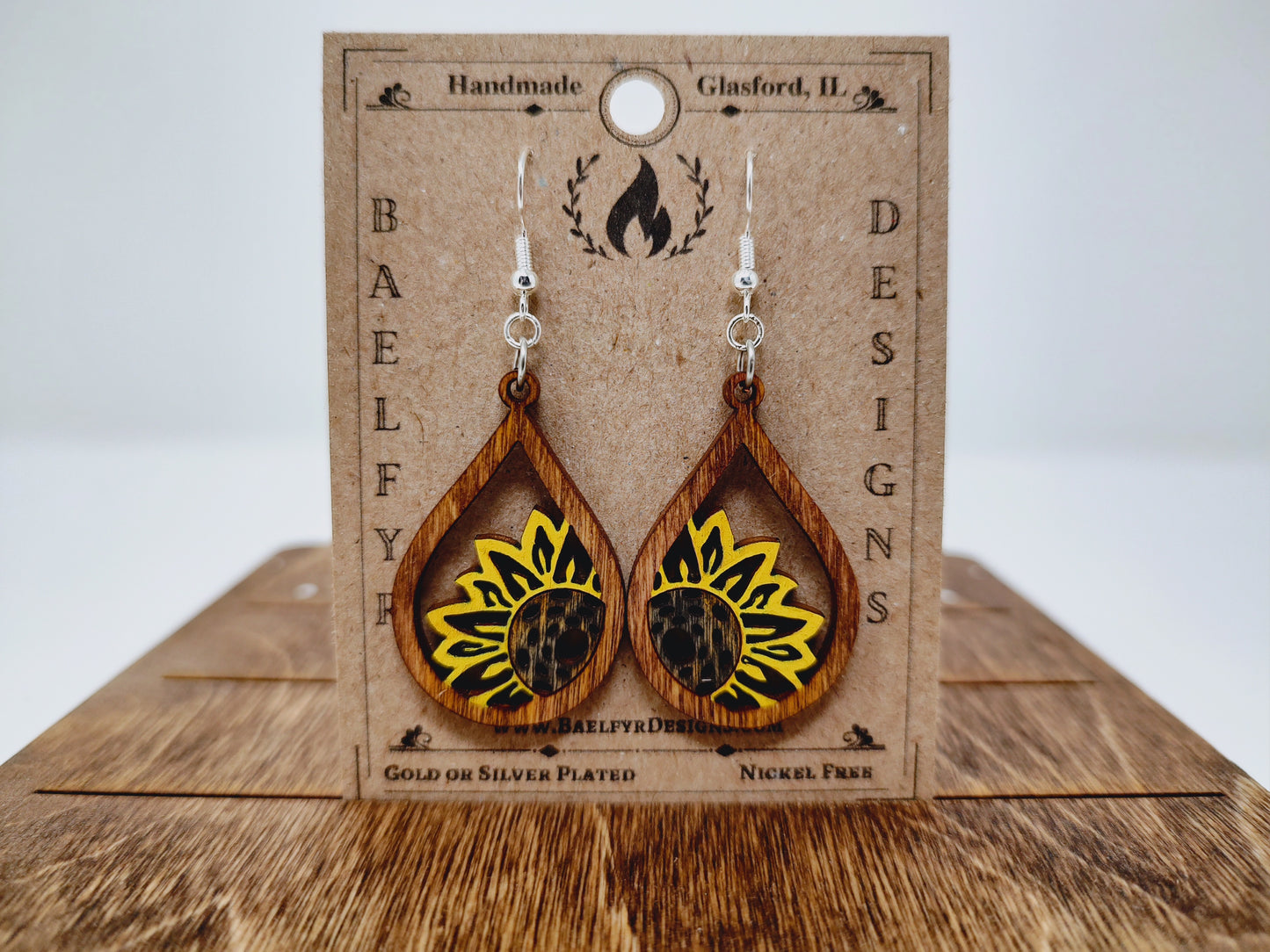 Sunflower Teardrop Wooden Earrings