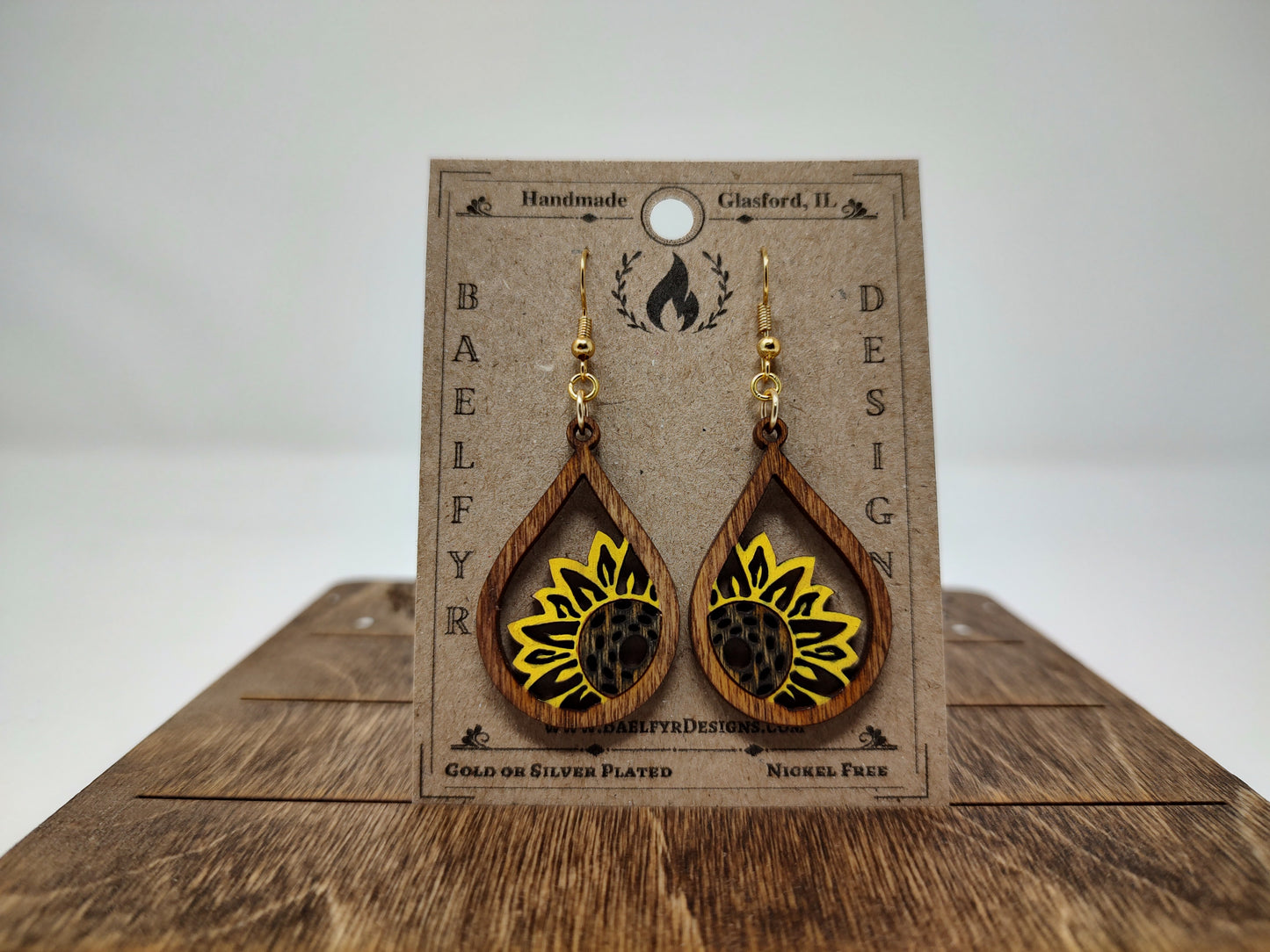 Sunflower Teardrop Wooden Earrings