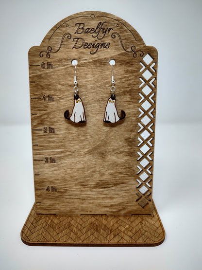 Ghost Cat Wooden Halloween Earrings
