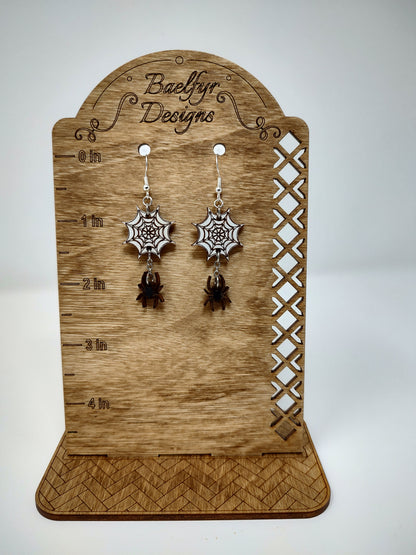 Spider web and Dangling Spider Wooden Halloween Earrings
