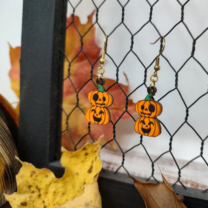 Stacked Jack O'Lantern Wooden Halloween Earrings