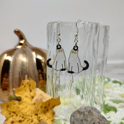 Ghost Cat Wooden Halloween Earrings