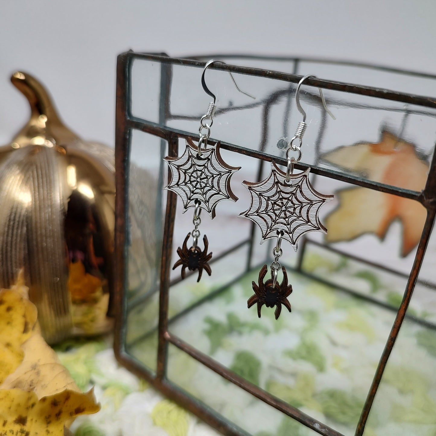 Spider web and Dangling Spider Wooden Halloween Earrings