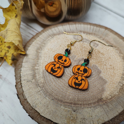 Stacked Jack O'Lantern Wooden Halloween Earrings