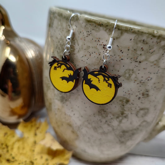 Bat & Moon Wooden Halloween Earrings
