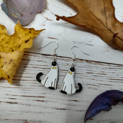 Ghost Cat Wooden Halloween Earrings